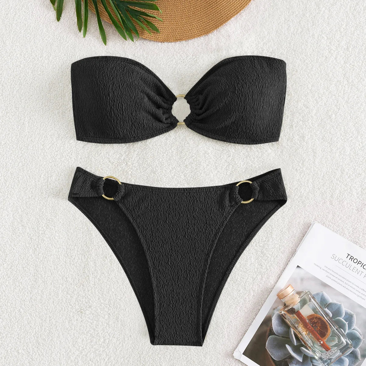 Sexy Bandeau Bikinis Sets Women Metal Ring Linked Push Up Micro Swimsuit 2025 Solid Bathing Suit Thong Swimwear Trajes De Baño