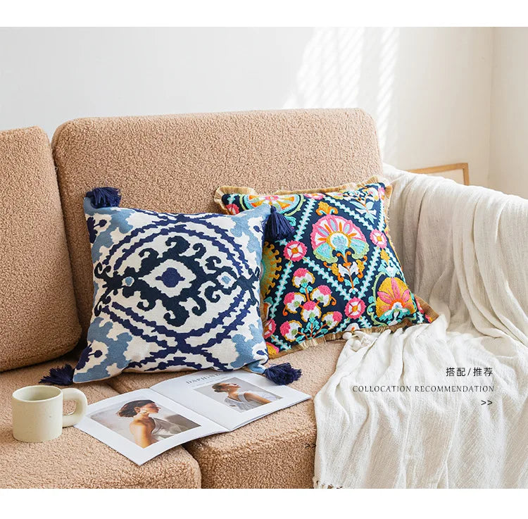 Nordic Ethnic Style Cushion Cover Cotton Moroccan Handmade Embroidery Cotton Tassel Throw Pillow Cover Living Room Home Decor