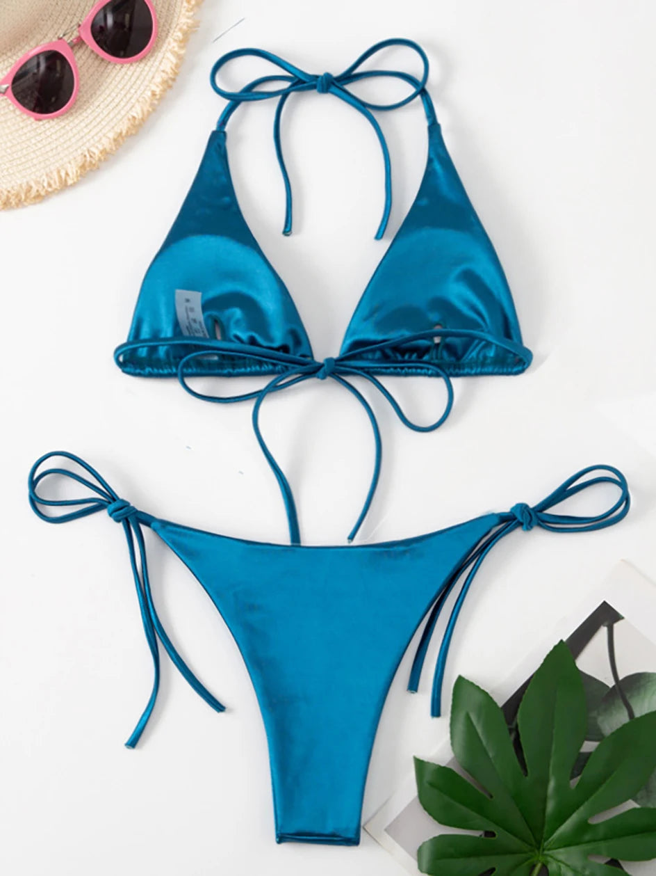 Metallic Halter Triangle Bikini 2023 Swimsuit Women Swimwear Female Bathing Suits Brazilian Thong Micro Bikinis Set Beach Wear