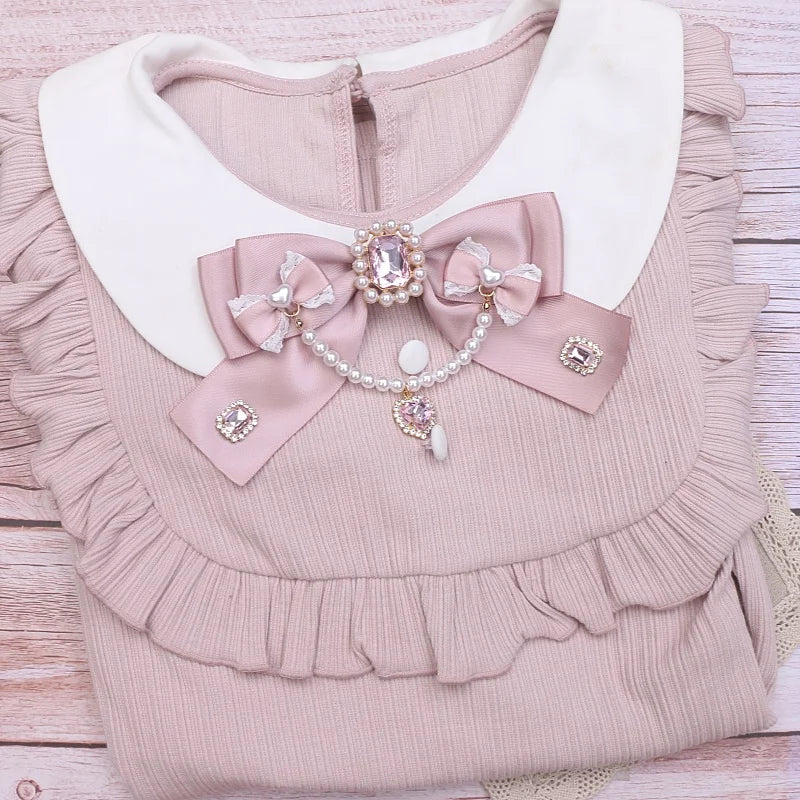 Beaded Ribbon Neck Tie Lolita Girl Bow Tie Women's Big Bow Larme Kei Heart Pearl for Collared Shirt Jfashion Brooch Accessories