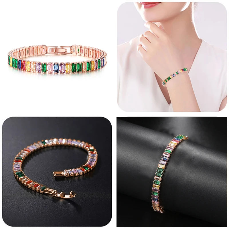Rainbow Crystal Tennis Bracelets for Women Kpop Silver Color Friend Gifts Colorful Zirconia Bangle Chain on Hand Jewelry H167-M