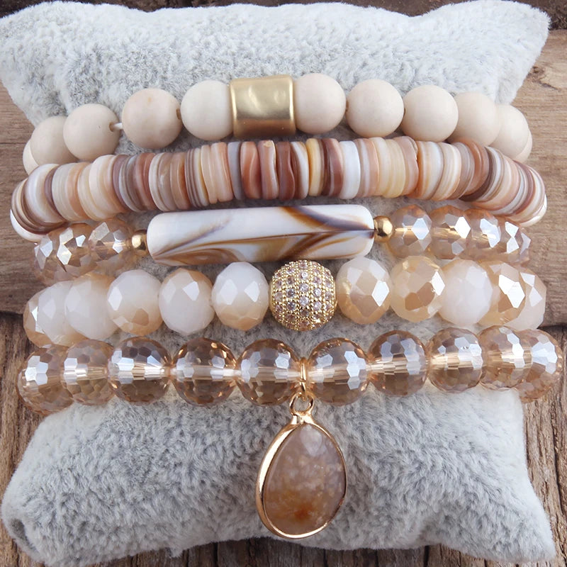 Fashion Beaded Boho Bracelet 5pc Green Natural Stone /Glass Stack Bracelet Sets For Women Boho Jewelry Gift