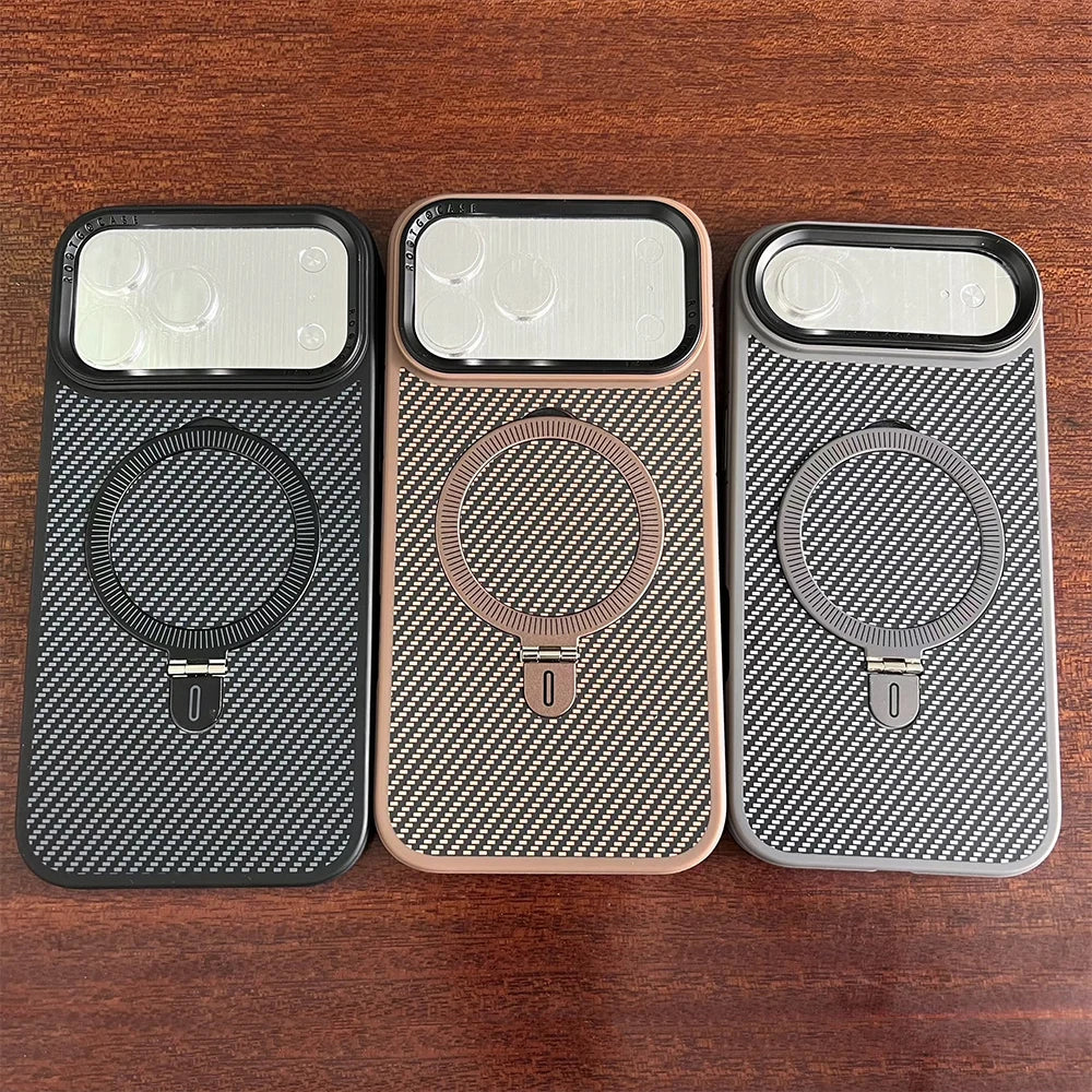 Desert Gold metal holder carbon fiber magnetic phone case for iPhone 17 16 15 14 13 Pro Max magsafe charging hard back cover