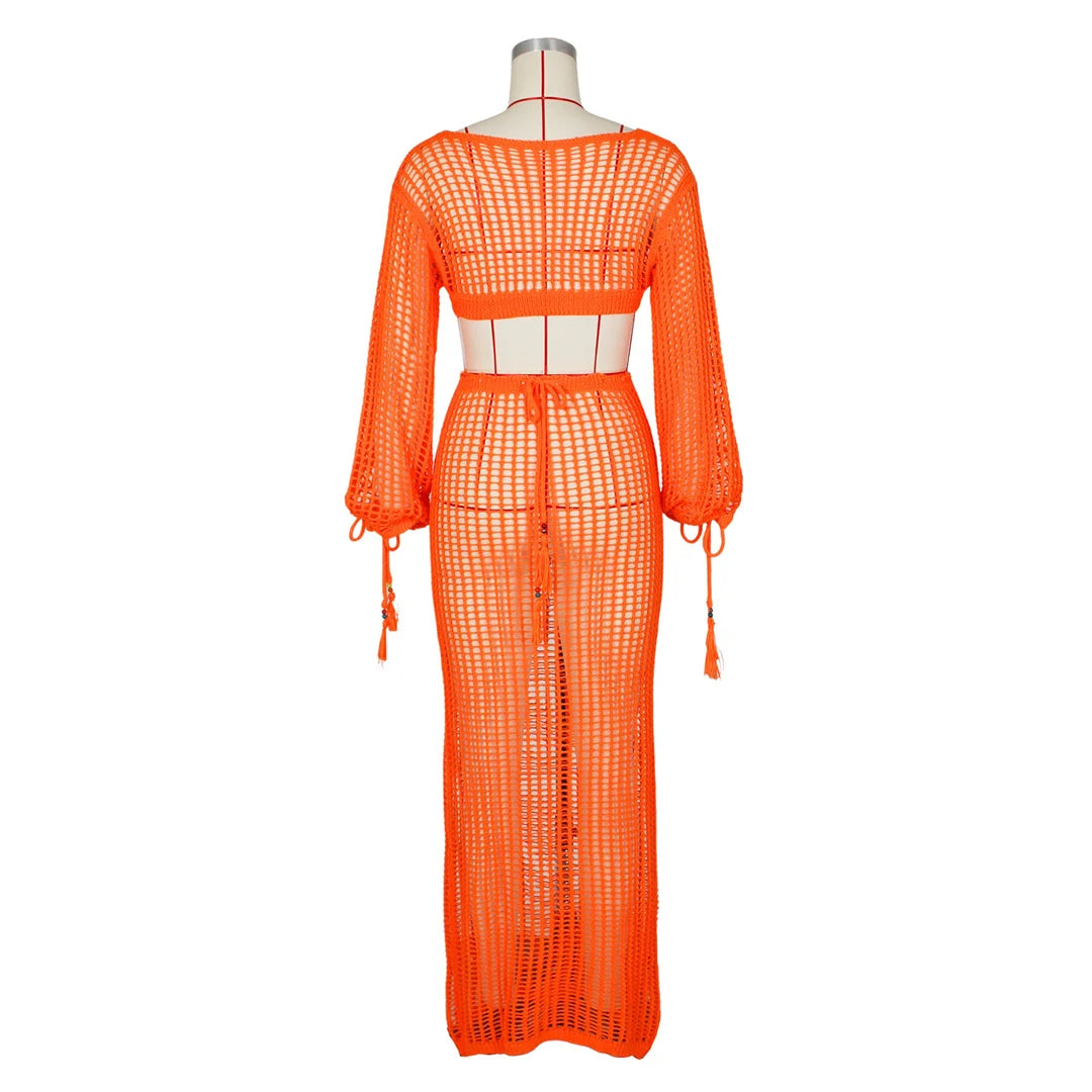 S - XL Long Sleeve Hollow Out Crochet Knitted Tunic Beach Cover Up Cover-ups Beach Dress Beach Wear Beachwear Female Women V5322