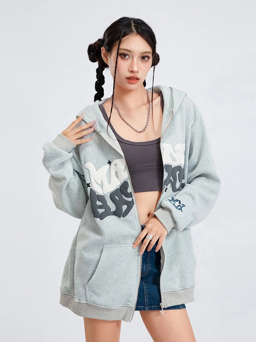 Women s Zip Up Hoodies Long Sleeve Letter Print Oversized Sweatshirts Jackets Streetwear Tops
