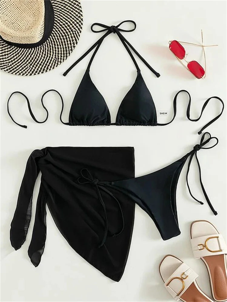 Sexy Solid Brown Bikinis Set Women Ribbed Halter Push Up Mesh Skirt Swimsuit 2024 Mujer Brazilian Bathing Suit Cover Up Swimwear