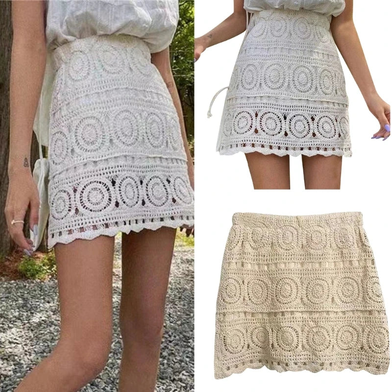 Women Hollow Out Crochet Knit Mini Skirt Lady Summer Boho Geometric Pattern High Waisted Beach Vacation A-Line Skirt with Lining
