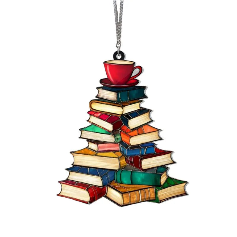 Acrylic Stacked Book Christmas Tree Ornament Clear Book Lover Hanging Decoration Christmas Gift Pendant for Home Office Bookcase