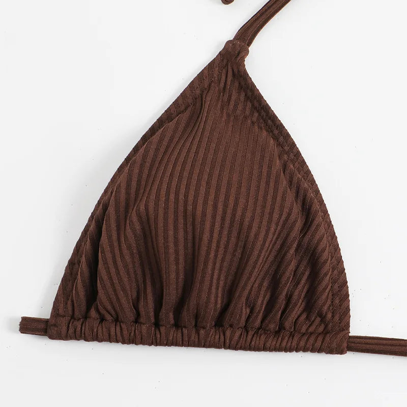 Sexy Solid Brown Bikinis Set Women Ribbed Halter Push Up Mesh Skirt Swimsuit 2024 Mujer Brazilian Bathing Suit Cover Up Swimwear