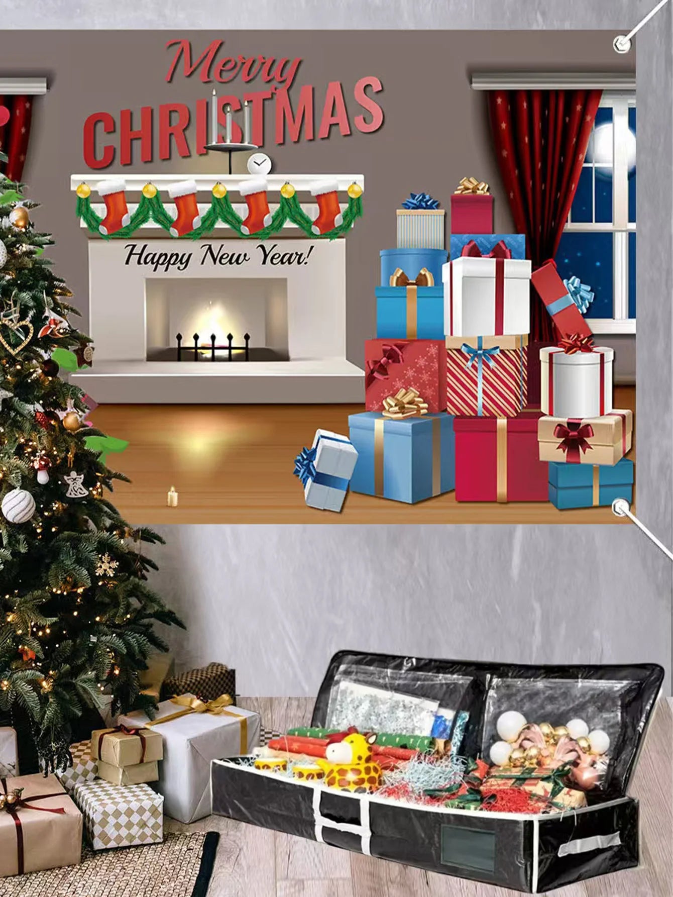 Christmas Gift Wrap Storage Bag Wrapping Paper ContainersUnderbed Storage Organizer with Reinforced Handles Christmas Decoration