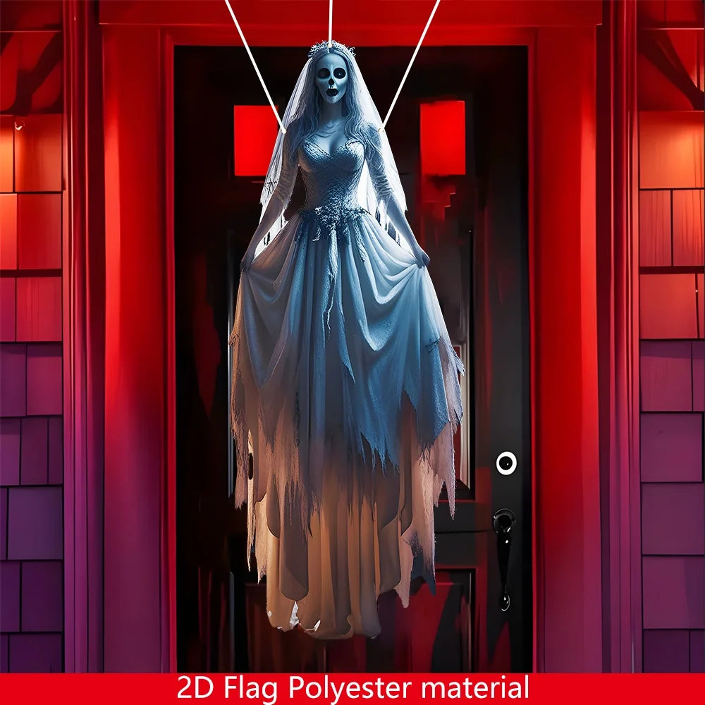 1pc Halloween Skeleton Bride Hanging Flag - Outdoor/Indoor Gothic Decoration, Spooky Bride with Bats & Jack-O-Lanterns Design