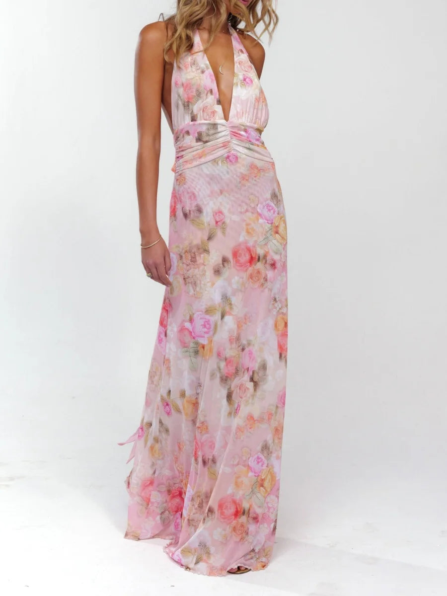 GuliriFei Women Long Dress, Sleeveless Halter Dress Backless Flower/Dots Print Summer Cocktail Dress