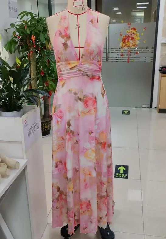GuliriFei Women Long Dress, Sleeveless Halter Dress Backless Flower/Dots Print Summer Cocktail Dress