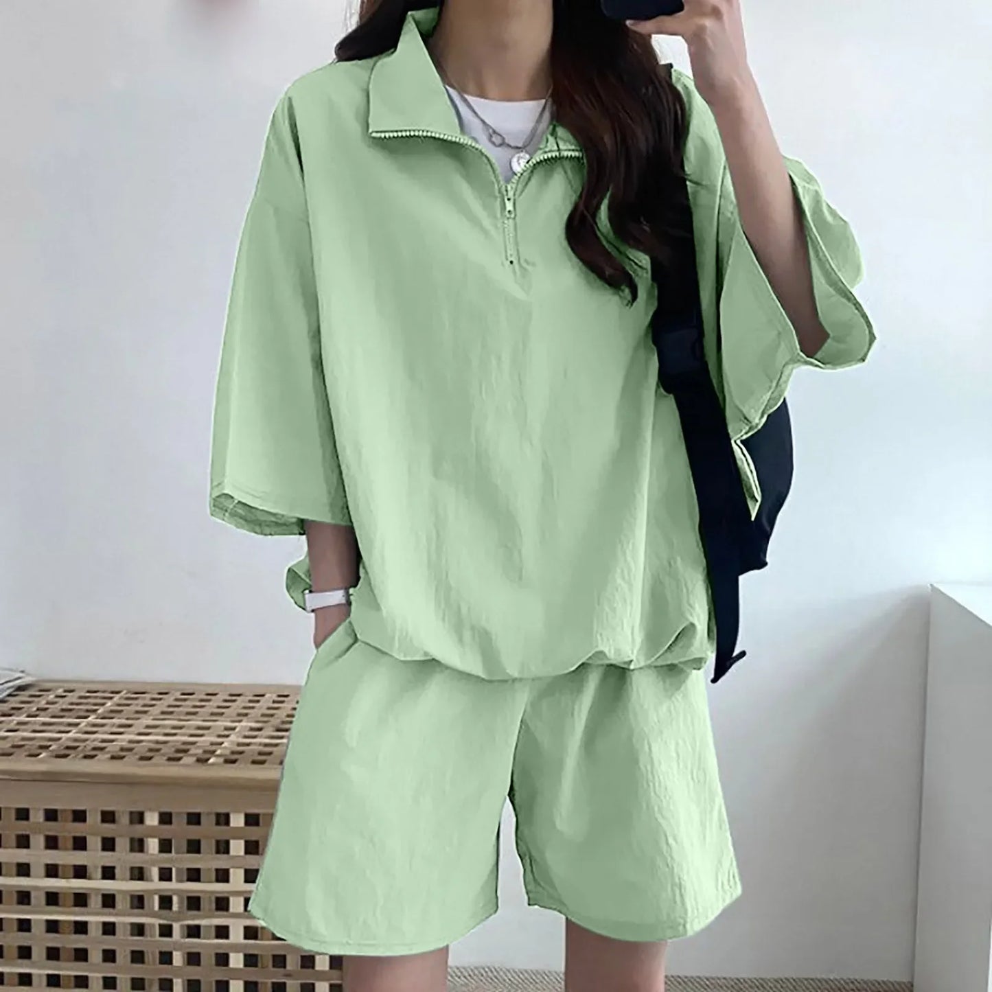 Korean Style Women's Summer Casual Sports Sun Protection Suit Two-Piece Set Workwear Jacket Shorts Polyester Fiber