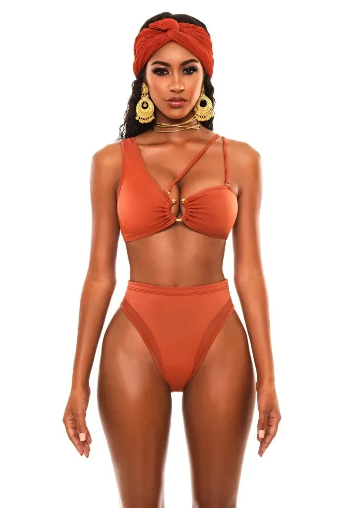 Sexy Bikini Women High Waist Totem Print Hollow Swimwear Swimsuit Female Beach Bikinis Set Bathing Suit Banadores Mujer 2024 New