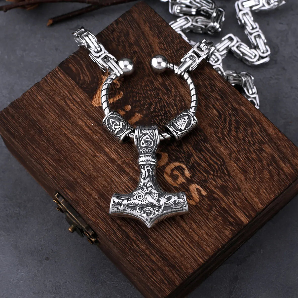 Stainless Steel Viking Thor's Hammer Set Men's Retro Creative Pendant Necklace Party Gift Jewelry