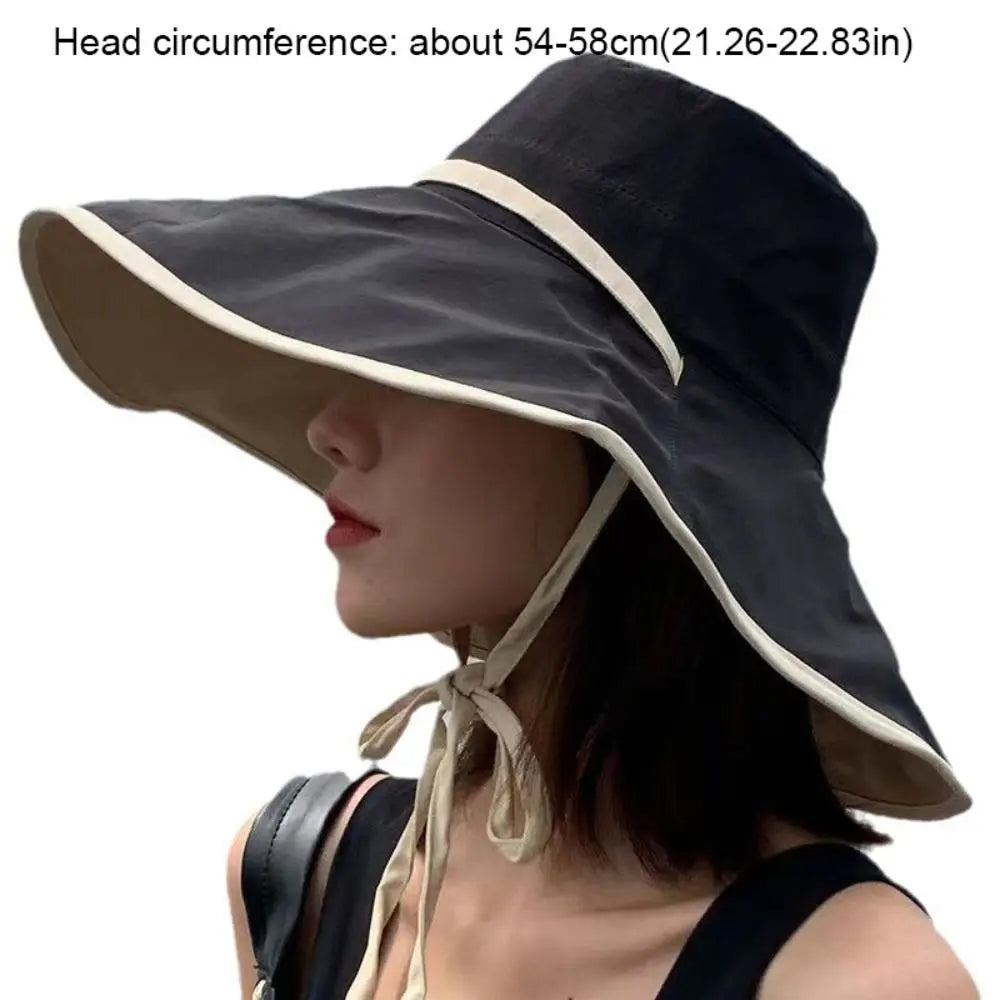 Solid Color Wide Brim Sun Hat Korean Style Anti-UV Sun Protection Hat Fisherman Hat with Neck Rope Women Bucket Hat Ladies
