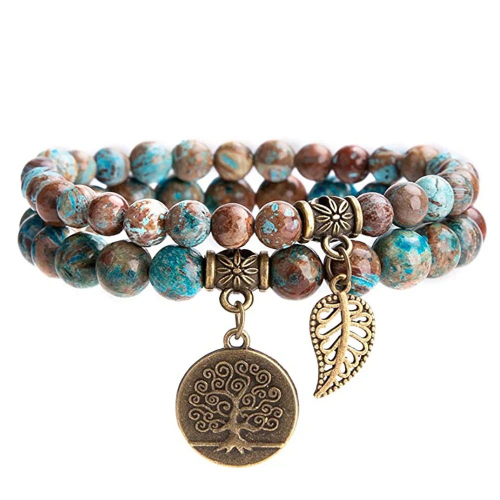 Natural Semi Precious Gemstone Beads Bracelet for Women Life Tree and Leaf Charm Energy Reiki Crystal Stretch Bracelets Jewelry