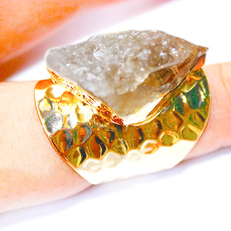 Irregular Raw Citrine Wide Open Rings for Women Gold-color Genuine Stone Adjustable Finger Jewelry