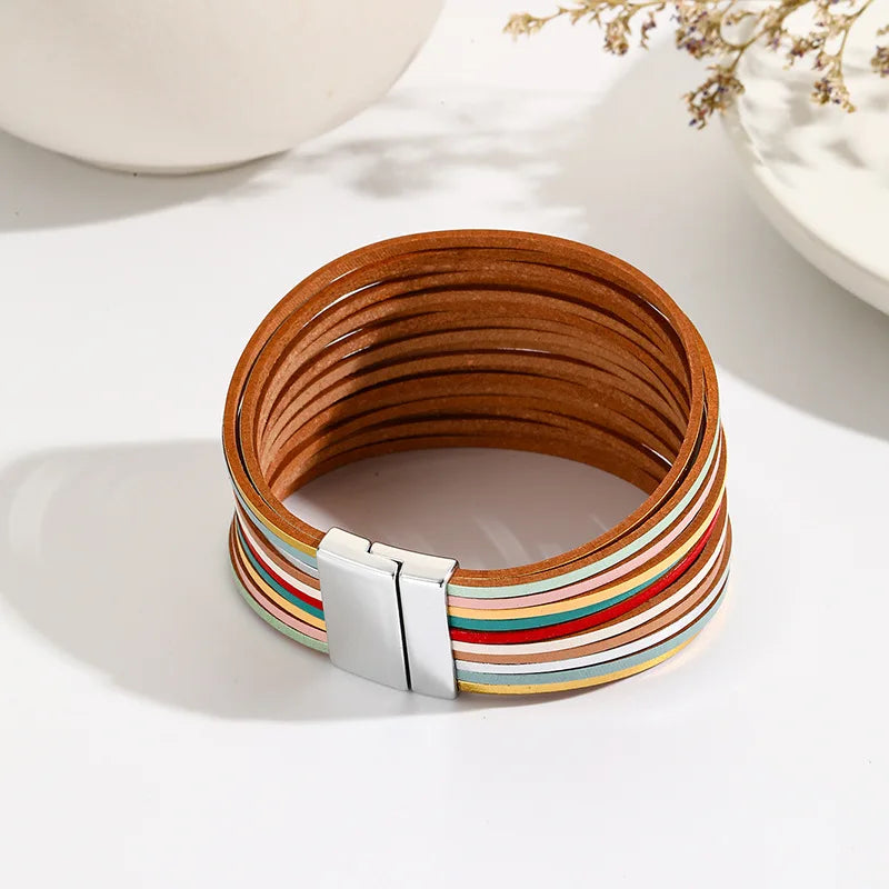 Bohemian Rainbow Leather Multi-layer Magnetic Buckle Bracelet For Women Fashion Vacation Style Jewelry Friends Gifts