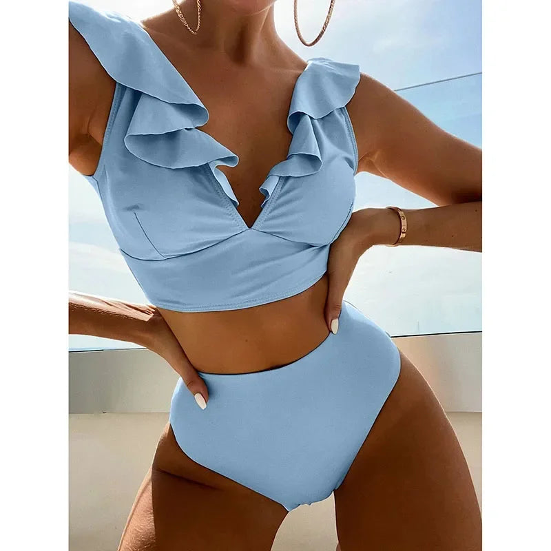 Riseado High Waist Bikinis Set Ruffle Shoulder Sexy Plunging Swimwear Women Bathing Suit Summer Beachwear