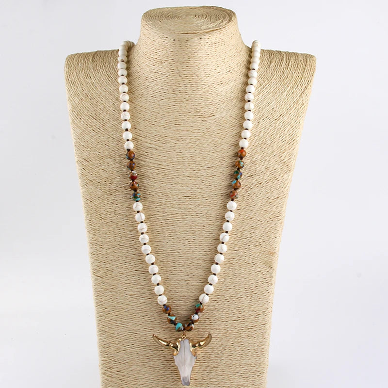 Fashion Bohemian Jewelry Sem Stone Knotted Horn Pendant Necklace For Women Boho Ethnic Necklace Gift