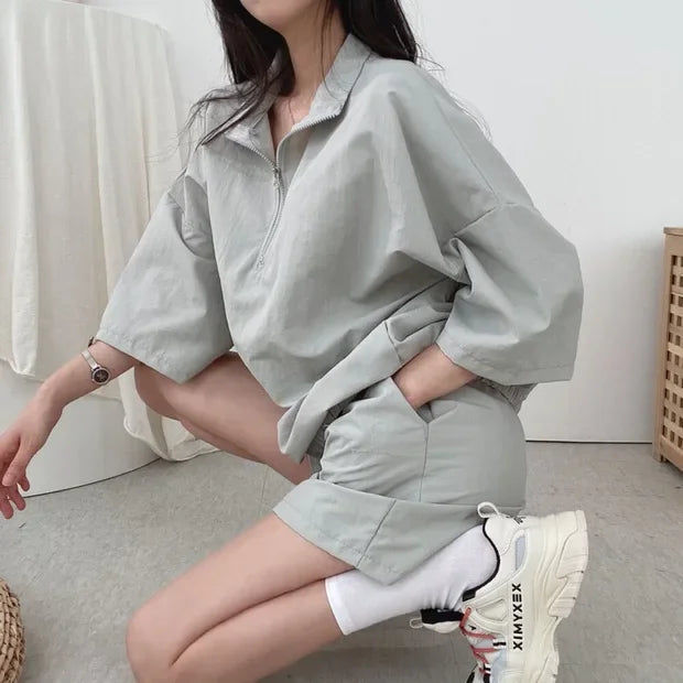 Korean Style Women's Summer Casual Sports Sun Protection Suit Two-Piece Set Workwear Jacket Shorts Polyester Fiber