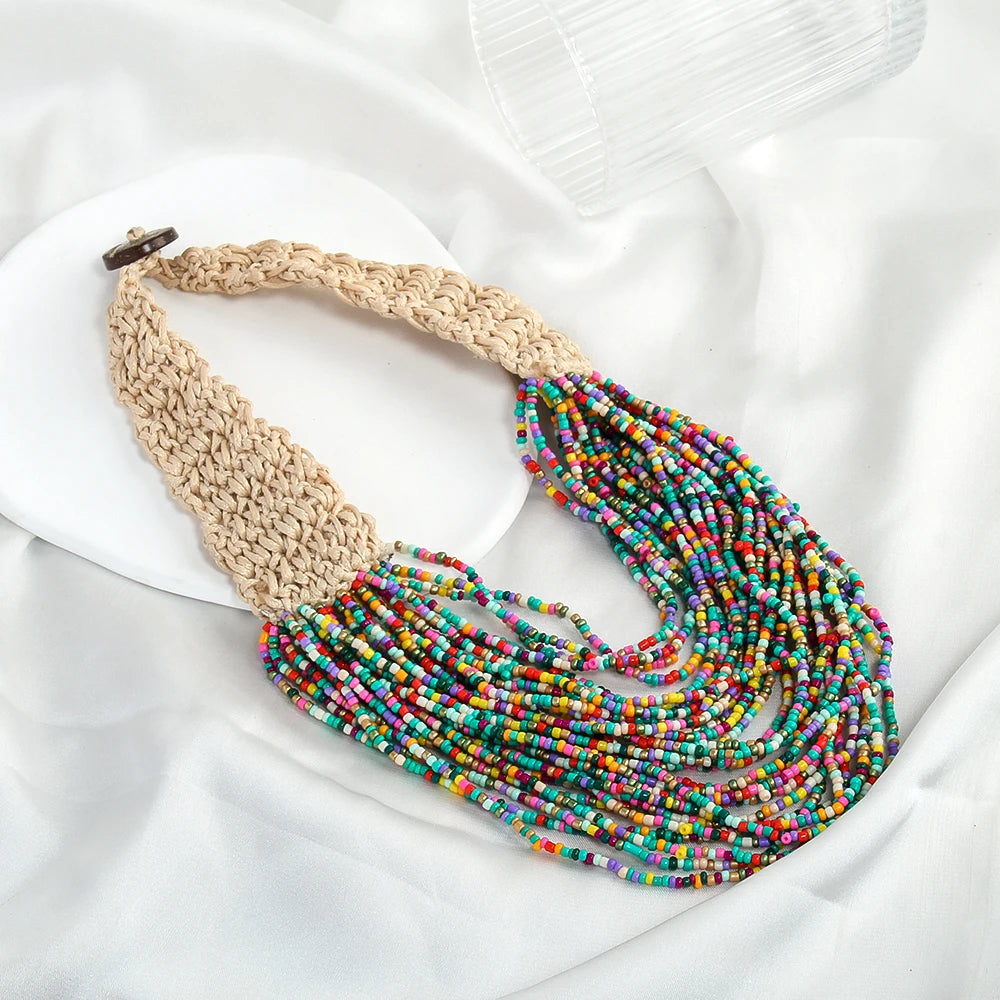 Western fashion retro Bohemian ethnic style exaggerated women's necklaces multiple layers hand woven rice bead wax rope necklace