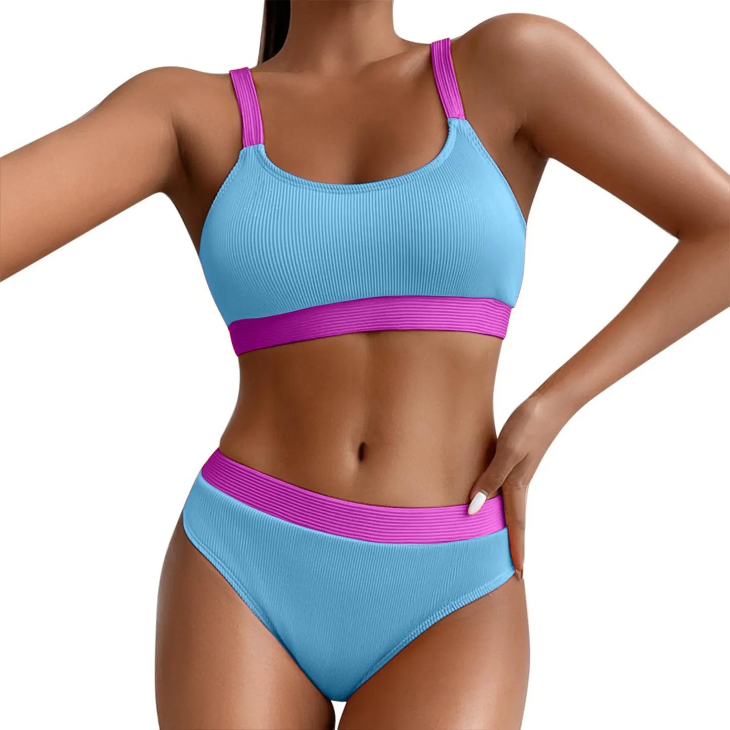Women High Waist Bikini Female Crew Neck Push Up Bra Bikinis Print Swimsuit Female Beachwear Hip Lifting Shorts Swimwear