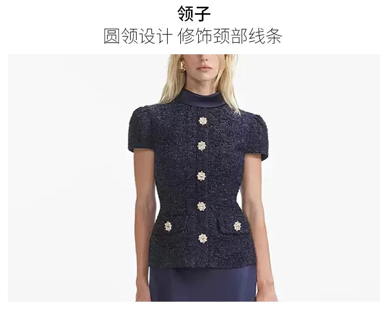 Maxi Formal Luxury Evening Dresses Women Summer Autumn Single Breasted Crystal Satin Tweed Long Dress Blue Party Dinner Vestidos