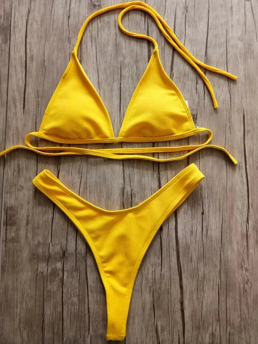 Bandeau Tanga Bikinis Ribbed Bikini 2025 Sexy High Cut Bikini Set Brazilian Swimsuit Thong Swimwear Women Girls Swimming Suit