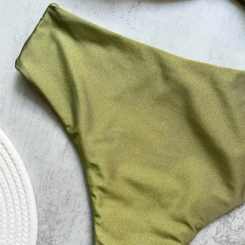 Brown Shiny U Shaped Bikini High Waist Sexy Swimsuit Women 2025 Wrinkled Solid Swimwears Bathing Suit Bandeau Bikinis Sets Mujer