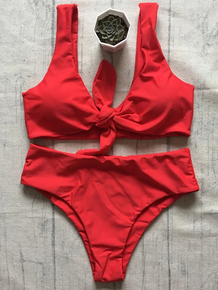 Sexy Front Knotted Bikinis Female Swimsuit High Waist Bikini Women Swimwear Two-pieces Bikini Set Bather Bathing Suit Swim Lady