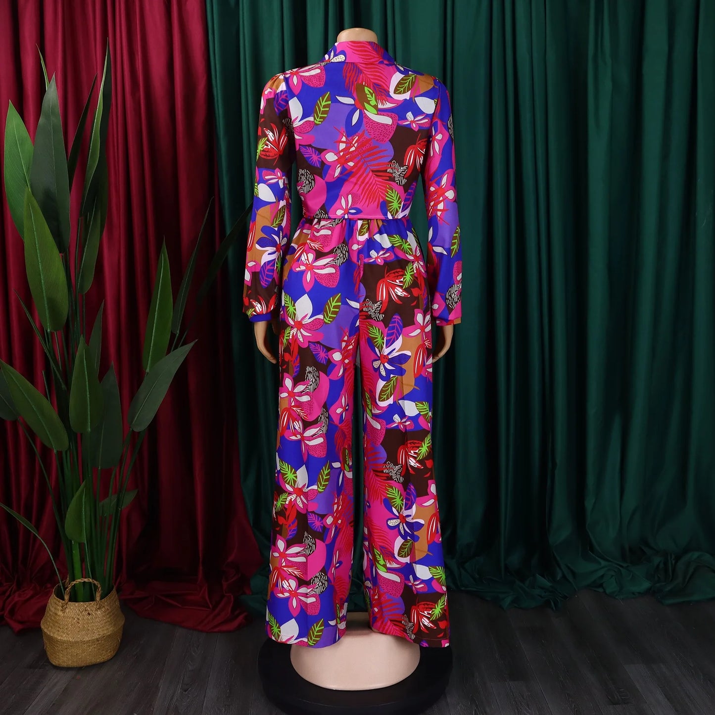 Women 2 Pieces Printed Pants Sets Blouse & Wide Leg Pants Floor Length Fashion High Street Wear Female Two Pieces Matching Sets