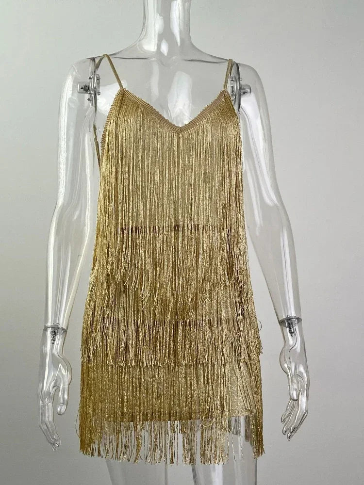 Leosoxs Women Sexy Deep V-Neck Spaghetti Straps Fringe Bodycon Mini Dress Tassels Backless Gatsby Cocktail Club Party Dresses