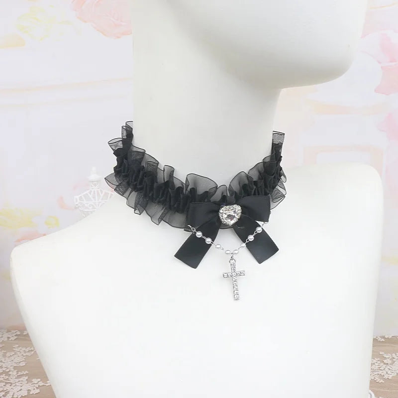 Black White Ruffled Lace Vintage Choker Lolita Punk Y2K Girl Necklace Fashion Chain Girl Cool Necklace for Women with Cross