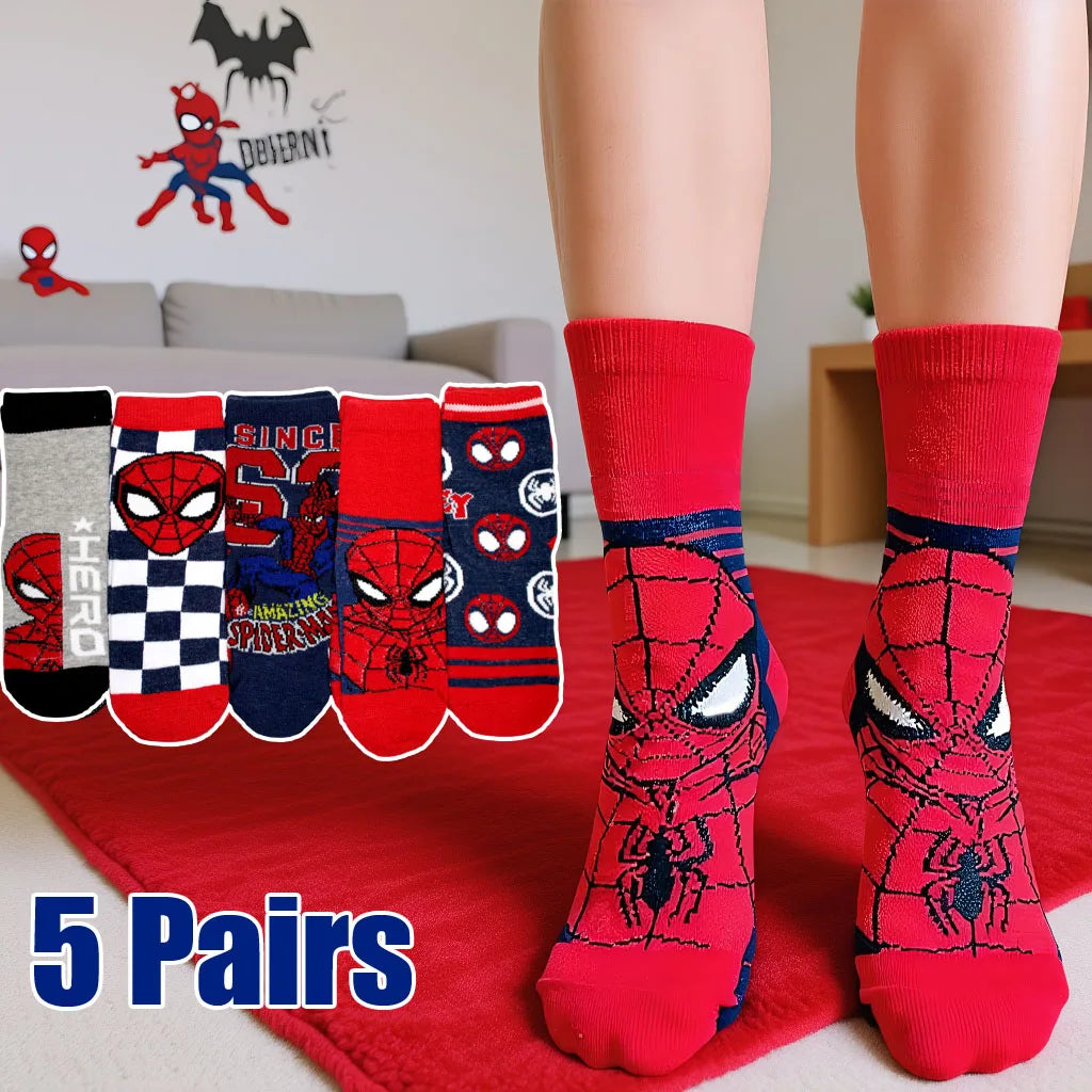 5 Pairs Spiderman Children's Socks Kawaii Soft Marvel Kids Boys Socks MiddleTube Cartoon Baby Socks Christmas Gift 2-9 Years Old