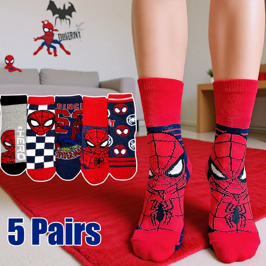 5 Pairs Spiderman Children's Socks Kawaii Soft Marvel Kids Boys Socks MiddleTube Cartoon Baby Socks Christmas Gift 2-9 Years Old