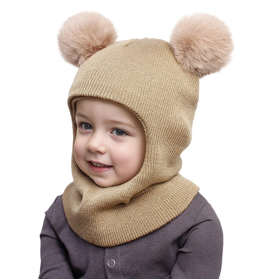 Kids Autumn Winter Pullover Hat Children's Double Ball Ear Protection One-piece Hats Baby Yarn Knit Cap Balaclava Christmas Gift