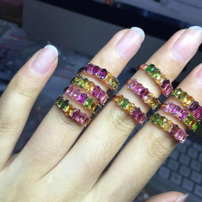 MeiBaPJ Natural Tourmaline Gemstone Fashion Colorful Stone Flower Ring for Women Real 925 Sterling Silver Charm Fine Jewelry
