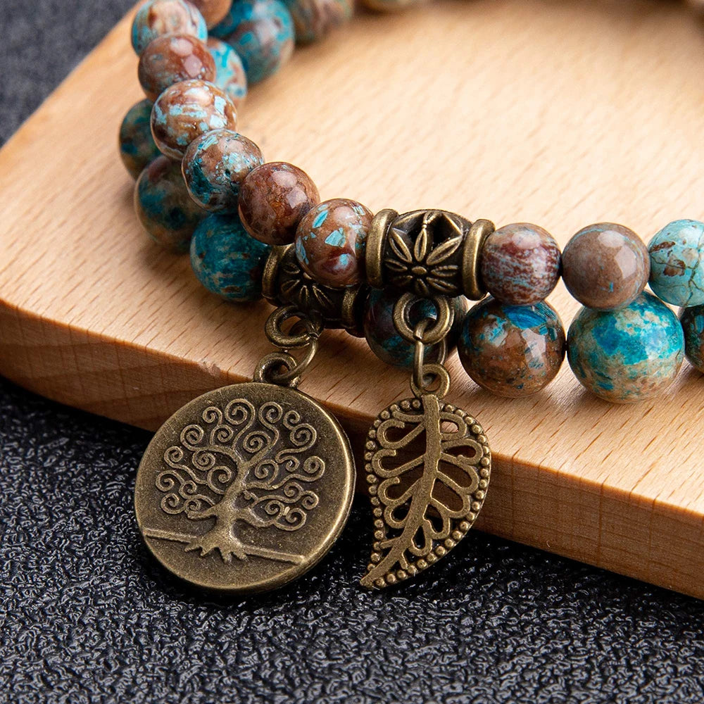 Natural Semi Precious Gemstone Beads Bracelet for Women Life Tree and Leaf Charm Energy Reiki Crystal Stretch Bracelets Jewelry
