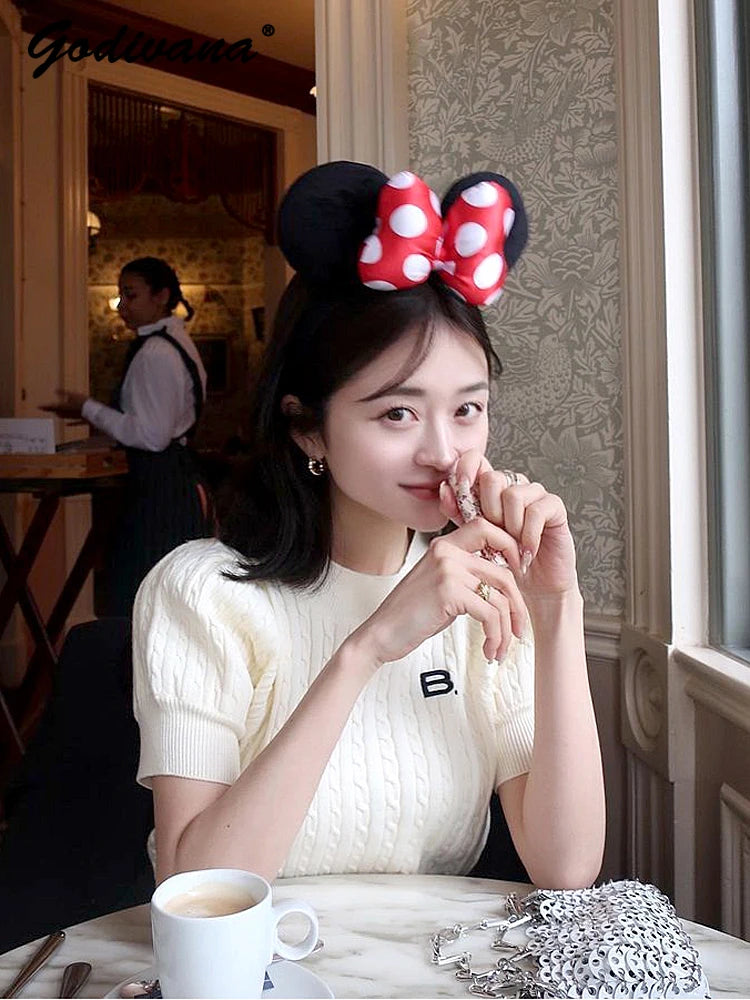 Japanese New Spring Ladies Sweet Bubble Short Sleeve Twist Knitted Top Sweater Letter Embroidered Pure Color Women's T-shirt