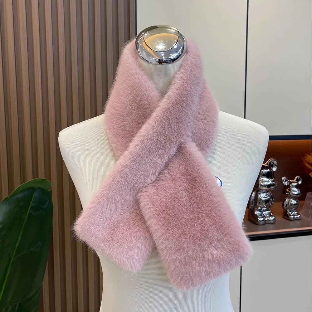 Korean Winter Faux Rabbit Fur Women Scarf Double-sided Soft Plush Snood Scarves Solid Neck Collar Warmer Stuff Christmas Gift