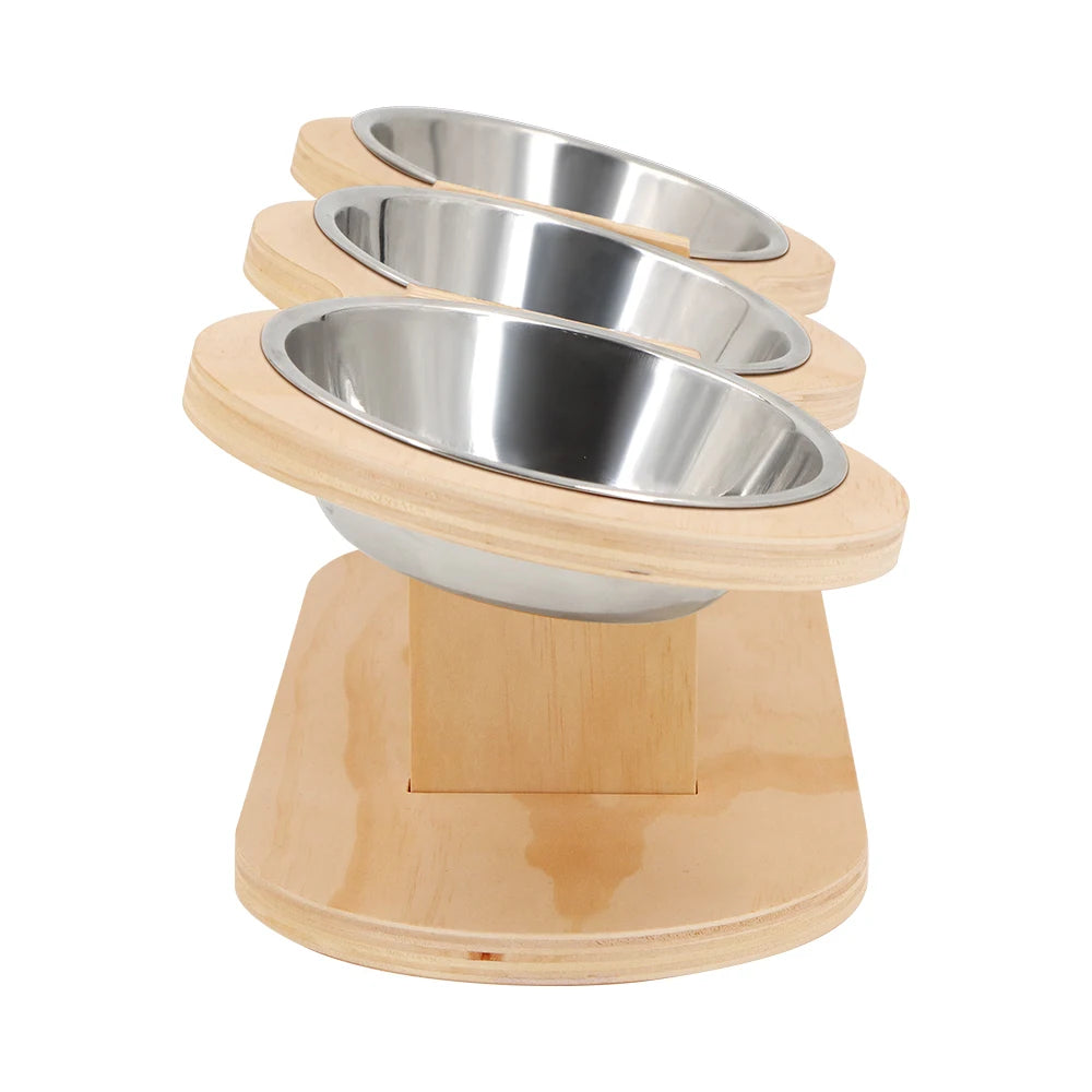 Cat 3 Bowls in 1 Feeder Feeding & Watering Supplies Food Bowl 15-Degree Tilt Raised 3 Stainless Steel Bowls Wood Brackets Puppy