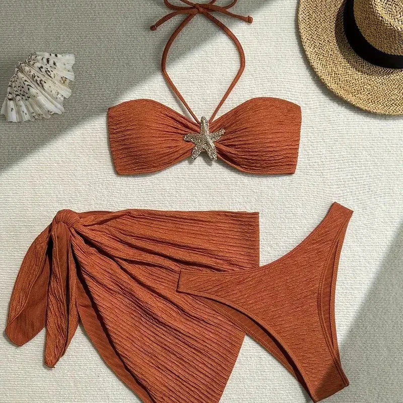 Sexy Metal Starfish Bikinis Set Women Brown Bandeau Push Up Mesh Skirt 3 Piece Swimsuit 2025 Beach Bathing Suit Holiday Swimwear