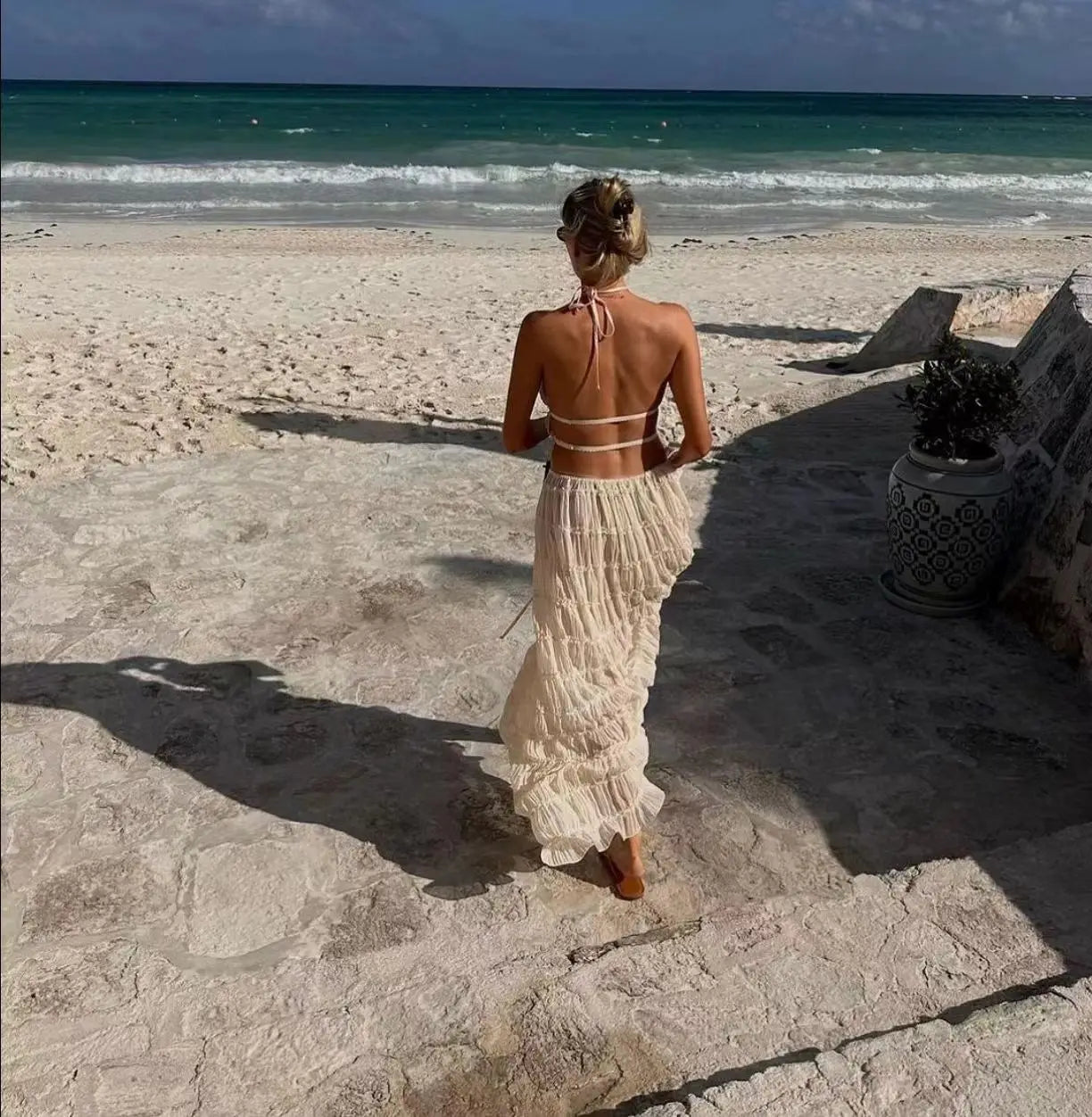 Solid Hang Neck Long Skirt Suit For Women Halter Backless Sling Top Lace Up Fold Maxi Skirt 2024 Hot Fashion Female 2 Piece Set