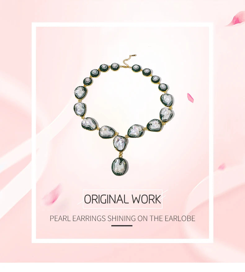 Natural Baroque Pearl Inlaid Zircon Green Necklace Korean Style Women Luxury Jewelry Fashion Ladies and Girls Gift GN0701