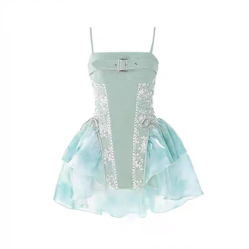 Summer Sweet Lace Sleeveless Dress Women Ruffle Cute Skinny Backless Dresses Female Strappy Kawaii A Line Party Beach Clothing