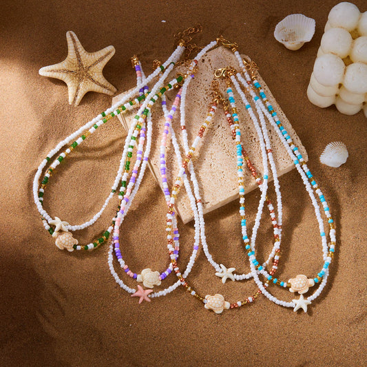 Multi-layer Bohemian Rice Beads Sea Star Turtle Pendant Necklace For Women Girls Holiday Gift Fashion Jewelry