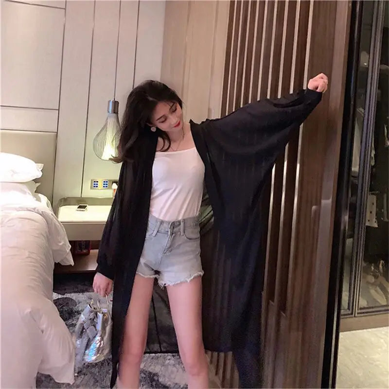 Solid Cardigans for Women Thin Summer Clothing Female Sunscreen Simple Long Sleeve Korean Style Loose Comfortable Breathable
